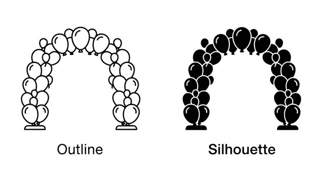 Balloon Arch Outline and Silhouette: Two distinct graphic representations of a balloon arch, one in outline and the other as a solid silhouette, perfect for party decorations and event themes.