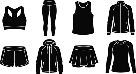 Naklejka premium Activewear and fitness clothing icons set featuring black silhouettes of sports bra leggings shorts hoodie and jacket isolated on white background