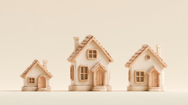 Small, medium, and large clay houses sit in a row on a cream background with options for customization visible.