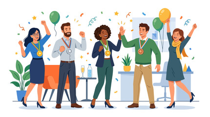 Obraz premium Diverse team celebrates winning medals and success in office workplace