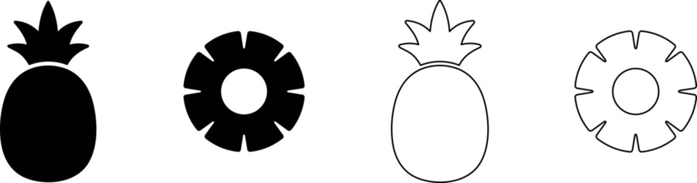 Set of black and white pineapple icons, solid and outline styles