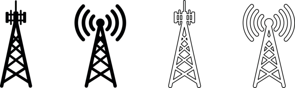 Set of communication tower icons representing signal transmission and broadcasting