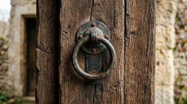 Rustic Wooden Door with Antique Ring Knocker Close Up.