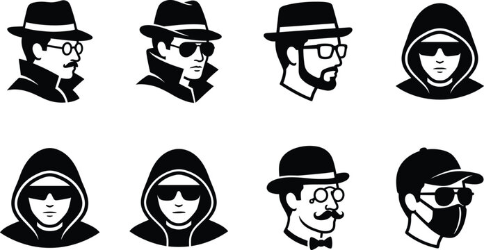 Black anonymous person and detective avatar icon set featuring spy, undercover agent, hacker and masked identity symbols isolated flat vector collection