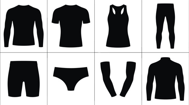 Set of activewear silhouette icons featuring long sleeve shirt t-shirt tank top leggings compression shorts underwear and arm sleeves