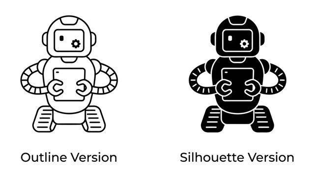 Robot Illustration: A playful robot character is depicted in two distinct styles: an outline version and a solid silhouette, showcasing its modern design and technological appeal.