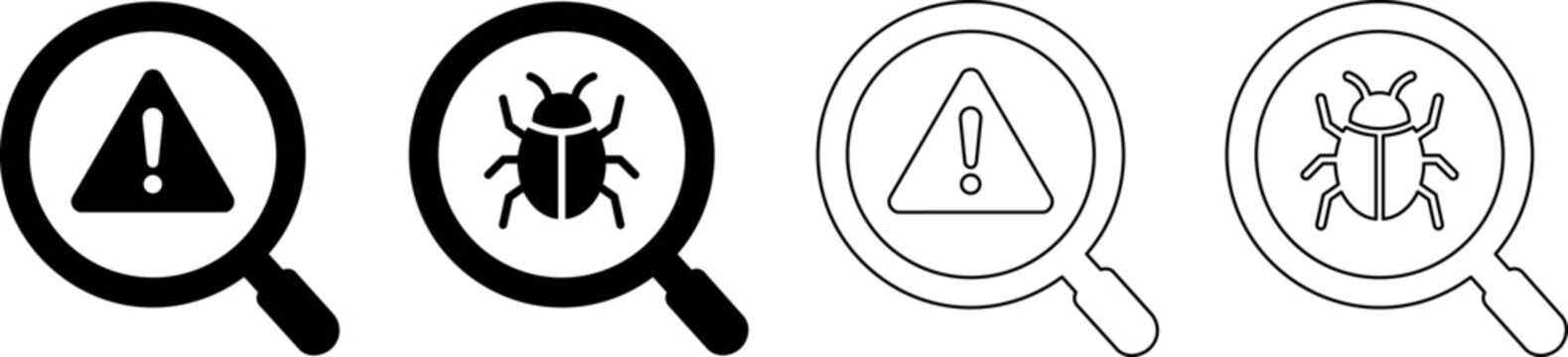 Magnifying glass with bug and warning sign icons for bug hunting and error detection