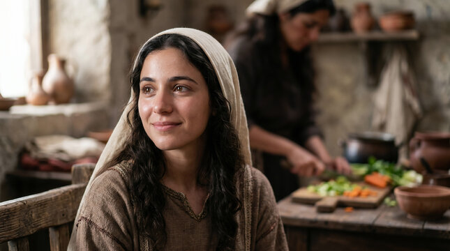 The contrasting sisters Mary and Martha. Martha anxiously preparing food while Mary sits peacefully at the feet of Jesus listening
