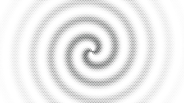 Black and white halftone spiral pattern with circular dots, abstract vortex on a white background, for digital