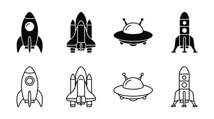 Spacecraft Silhouettes Including Rockets And Ufos Black And White Silhouette © Ambiya