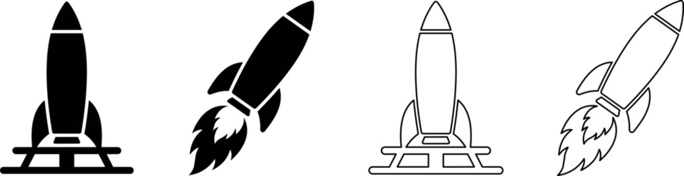Set of rocket icons showing launch and ascent with flames