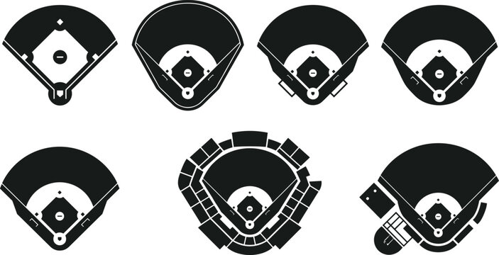Set of black and white baseball and softball field diagrams showing different stadium layouts, diamond designs, infield and outfield structures for sports illustration