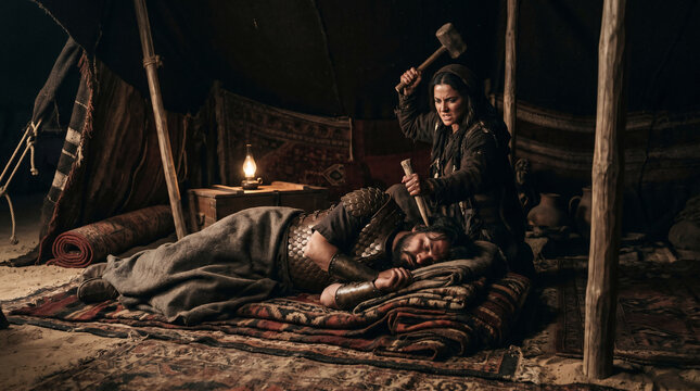 Jael fulfilling prophecy by driving a heavy wooden tent peg through the temple of the sleeping enemy commander, Sisera