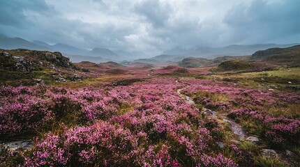 Fototapeta premium Vast Heather Moorland Under Dramatic Cloudy Sky.
