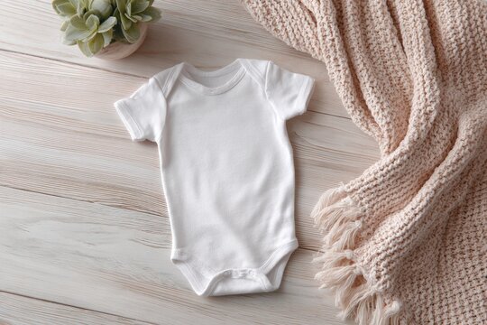 White Baby Onesie Mockup on Light Wood Surface with Cozy Blanket