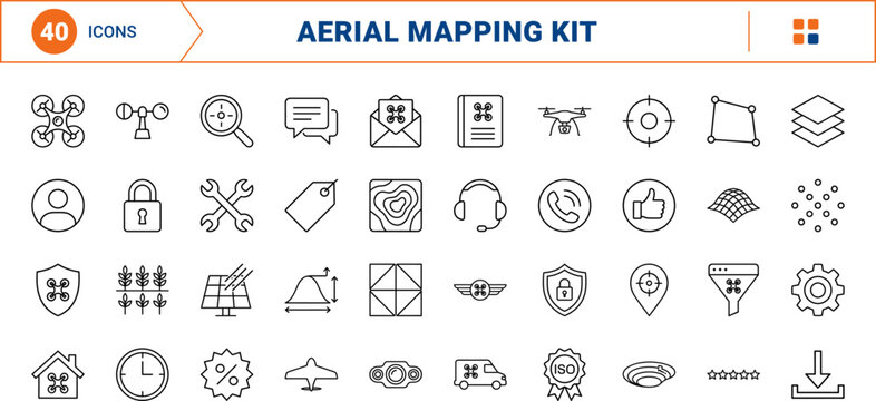 Surveying drone service art aerial mapping line icon set. Vector pictograms of lidar, sensor, photogrammetry, and rtk elements, thin linear illustration.