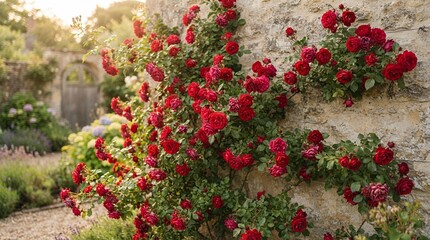 Naklejka premium Vibrant Red Roses Climbing a Textured Stone Wall in a Sunlit Garden.