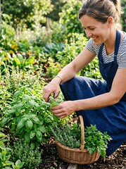 Fototapeta premium Woman harvesting fresh herbs in a sunny garden.