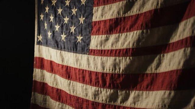 A dignified and high-textured video asset featuring a close-up of a canvas American flag gently rippling in slow motion. Rich red, crisp white, and deep blue woven fabric textures catch subtle light