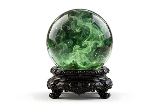 Mystical green crystal ball resting on an ornate gothic stand isolated on a white background