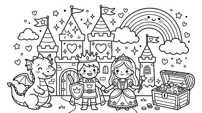 Vector illustration of a cute little prince and princess standing before a fairytale castle with a friendly dragon and treasure chest in a coloring page style princess fairytale coloring treasure