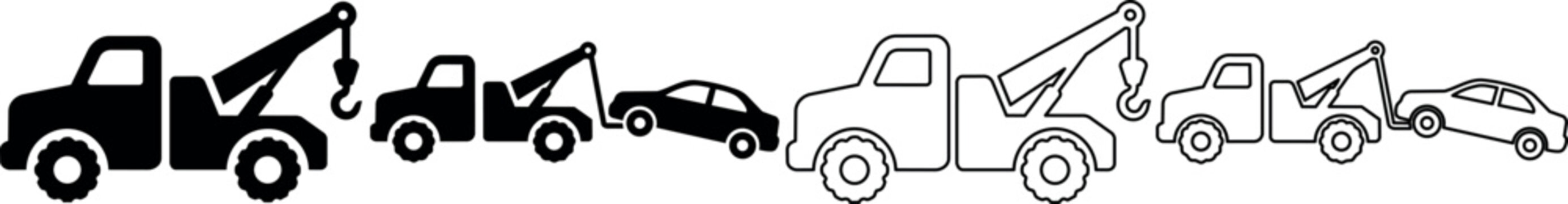 Collection of tow truck and car icons in solid and outline styles