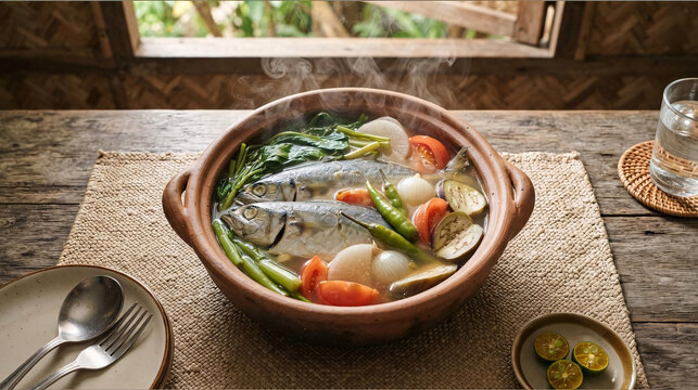 Traditional clay-pot soup with two whole fish and fresh vegetables in a tropical rustic setting.