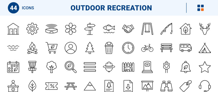 Park District line icon set. Vector pictograms of park amenities, recreation facilities, outdoor activities, and nature reservation elements, thin linear illustration.