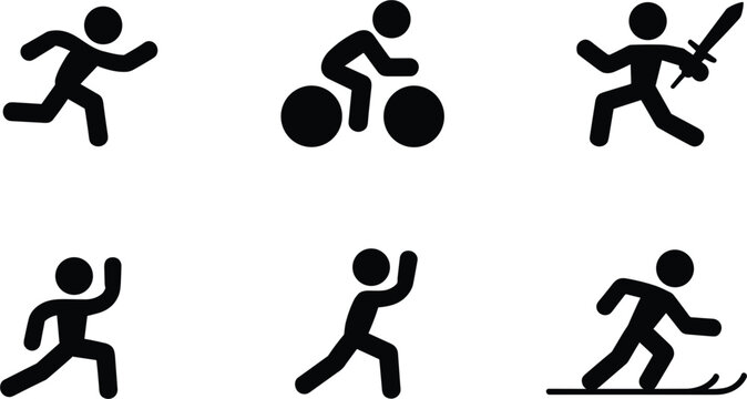 Stick figure sports and action icons vector set, black silhouette pictogram elements graphic illustration template