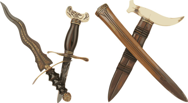 Traditional indonesian kris dagger weapon vector set, wavy blade keris knife with wooden sheath illustration