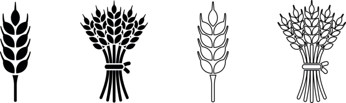 Set of wheat ear icons, both filled and outline styles