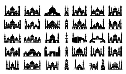 Fototapeta premium Mosque Silhouette Icon Set with Black Islamic Architecture, Dome, and Minaret Symbols for Religious Designs