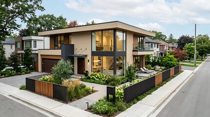 Fototapeta premium Modern luxury twostory house with contemporary architectural design and landscaped front yard