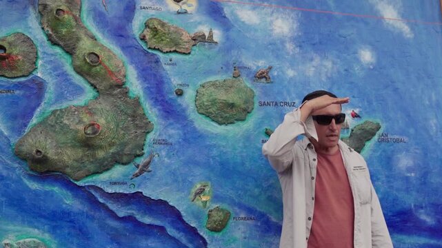 Male naturalist guide pointing and talking about the galapagos islands on a large relief map