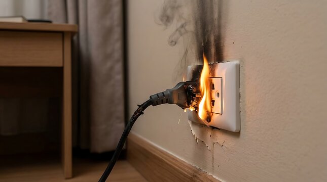 Electrical wall outlet catching fire with a black power cord plug burning and smoking in a residential indoor setting
