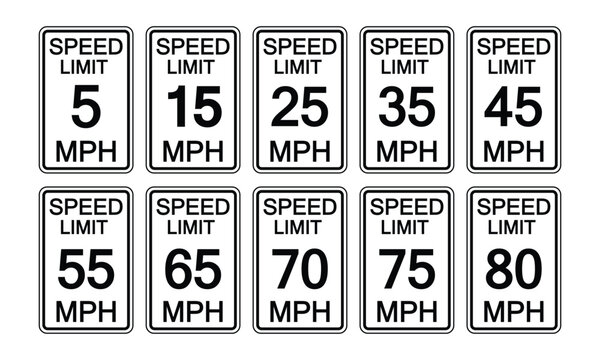 Speed limit traffic signs from 5 to 80 miles per hour. Set of vector graphic elements for production, design and information materials. Classic urban road regulation collection.