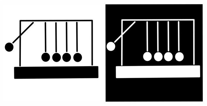 Newton's cradle icon in outline and inverted styles. Clean black and white vector symbol representing physics, momentum, motion, balance, and energy.