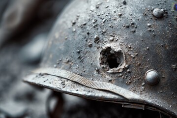 Naklejka premium Close-up view of a weathered military helmet showcasing battle wear and history with detailed texture and unique markings. A symbol of resilience and courage. Generative AI