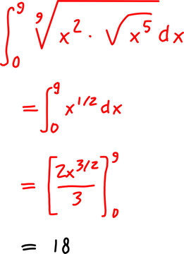 Definite calculus integral with radicals and fractional exponents, demonstrating step-by-step evaluation using power rule on a white background.