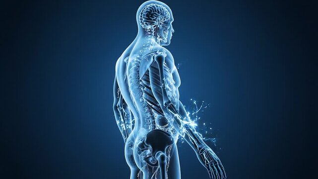 Digital human nervous system visualization with glowing neural connections and transparent anatomical body illustrating medical science biotechnology healthcare innovation artificial intelligence anat