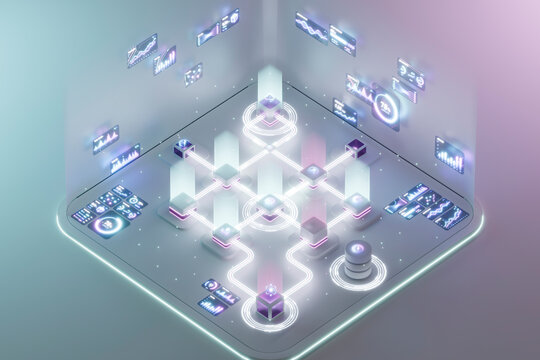 3D isometric data network with glowing cloud infrastructure