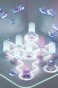 3D AI infrastructure grid with analytics and cloud links.