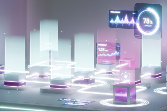 3D data performance dashboard above a networked AI system.
