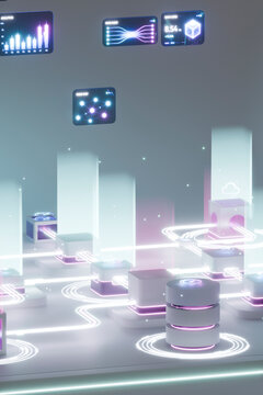 3D analytics server network with cloud and data flow panels.