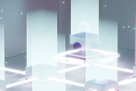 3D cloud computing hub connected through luminous circuits.