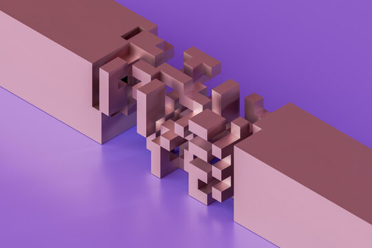 3D purple puzzle bridge joining two geometric block forms.