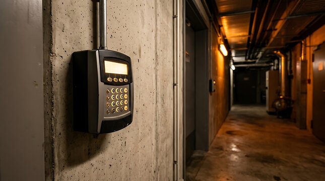 Electronic security keypad mounted on a wall in a dark industrial building hallway