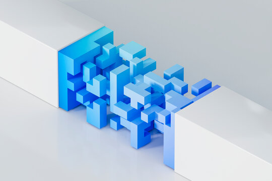 3D blue modular connection between clean white structures.