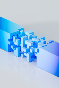 3D modular block transition with blue geometric fragments.