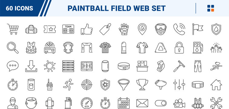 Paintball field website line icon set. Vector pictograms of kit, speedball, gear, and marker elements, thin linear illustration.